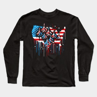 Fighter Jet Airplane American Flag USA Map 4th Of July Long Sleeve T-Shirt